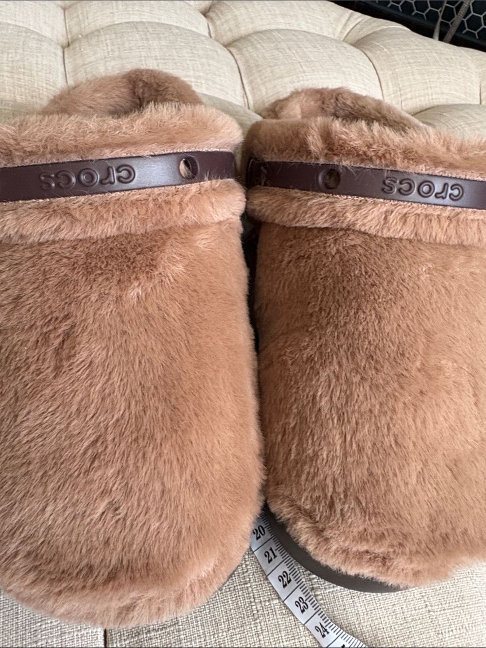 CROCS Kids Brown Fuzzy Clog Slippers with Dark Brown Strap